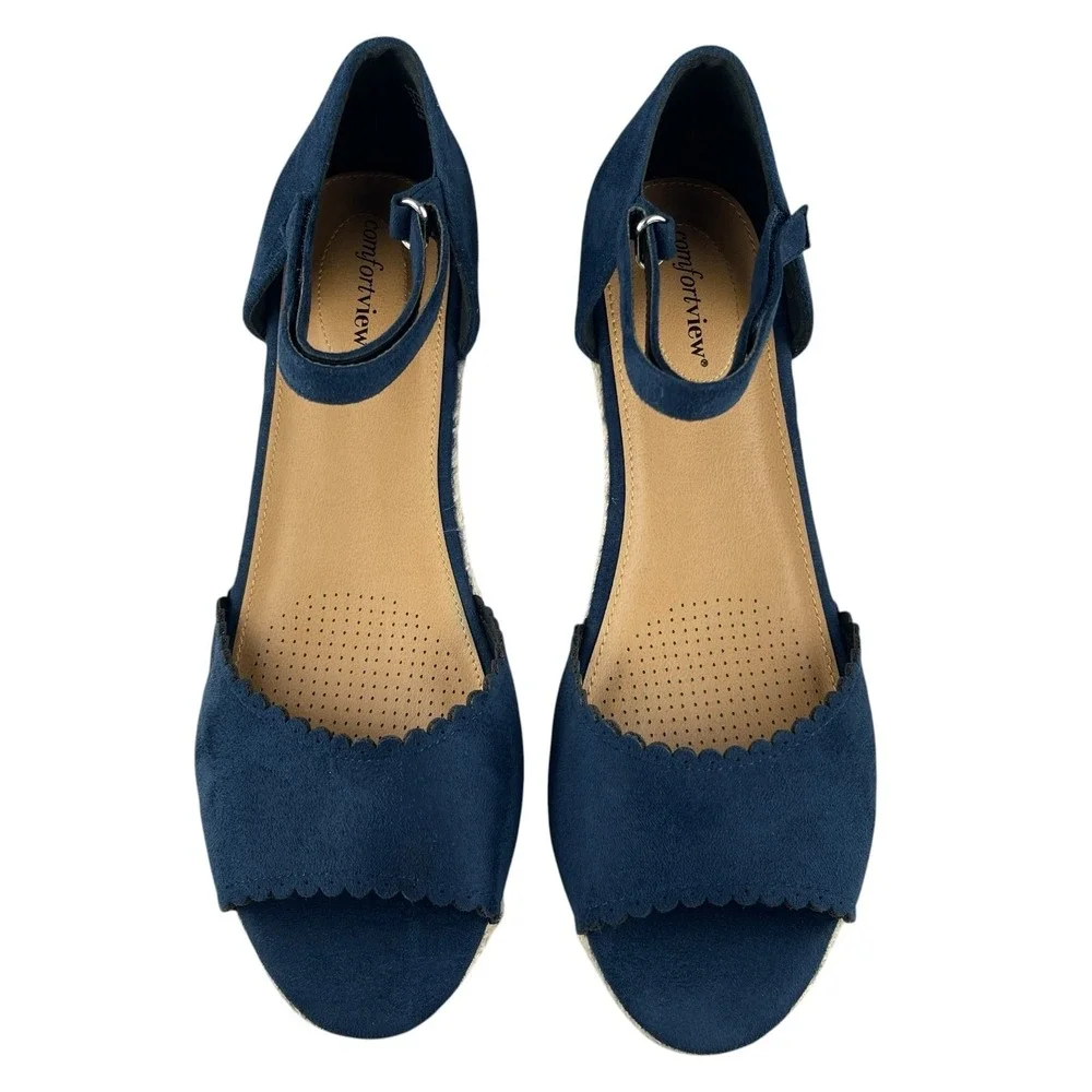 Comfortview Women's Charlie Sandals 11W Navy Faux Suede Espadrille Ankle Strap